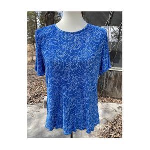 90s Tradition Blue Crinkle Tee Shirt T-Shirt Casual Blue White Rose Floral Sz M